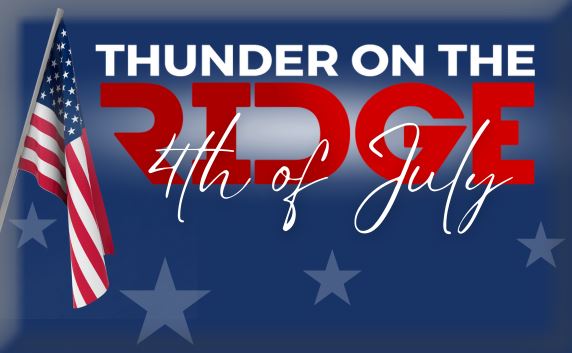 Thunder on the Ridge 4th of July logo with flag on a blue background