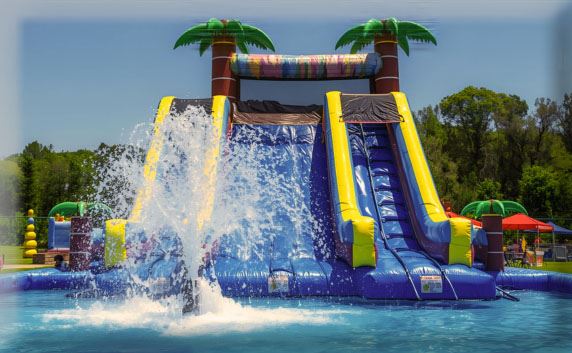  inflatable waterslide with water and foam spraying in the air